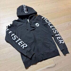 Hollister Mens Full Zip Hoodie Grey Spellout Sleeve Logo Fleece Sweatshirt M